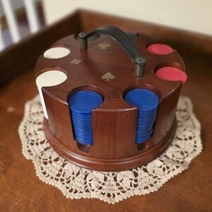 BOMBAY ♠️ Wooden Poker Chip Handle Carousel Caddy w/Red|Blue|White & Black Chips